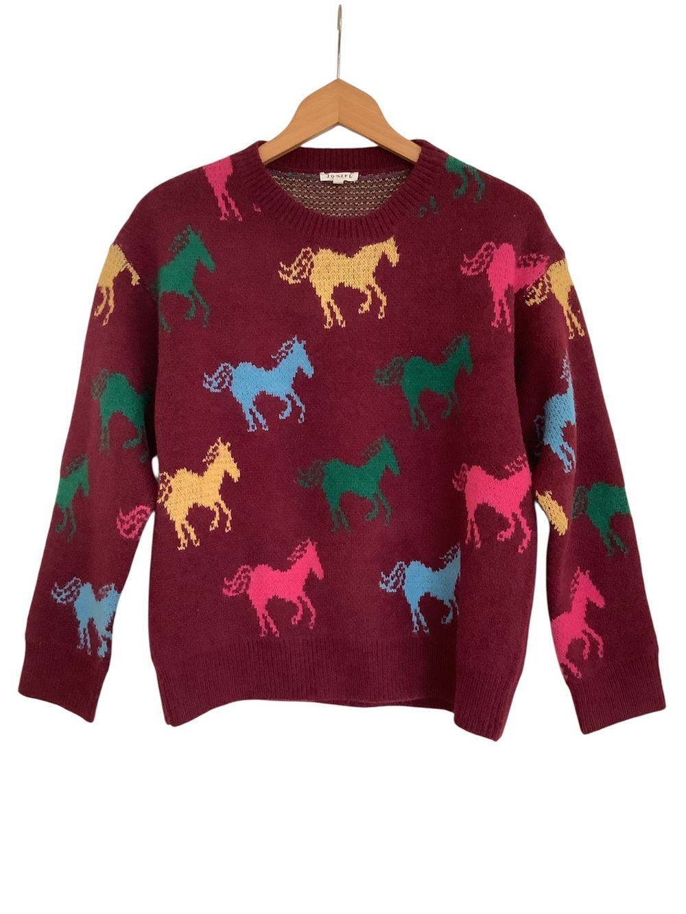 JODIFL Burgundy Crewneck Sweater with Pink, Yellow, Green & Blue Horse Motifs